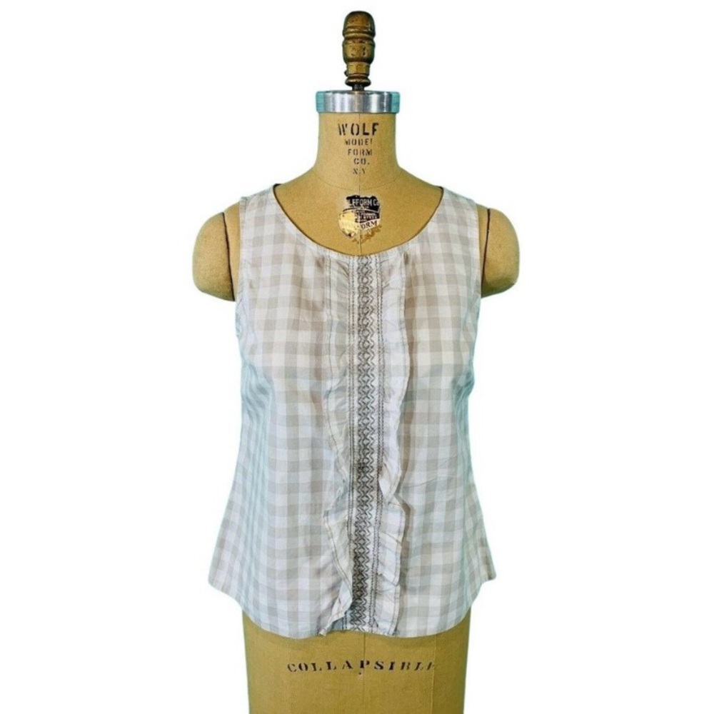 Anthropologie Odille Gingham Ruffled Sleeveless Top Size 2 Grey White Cotton